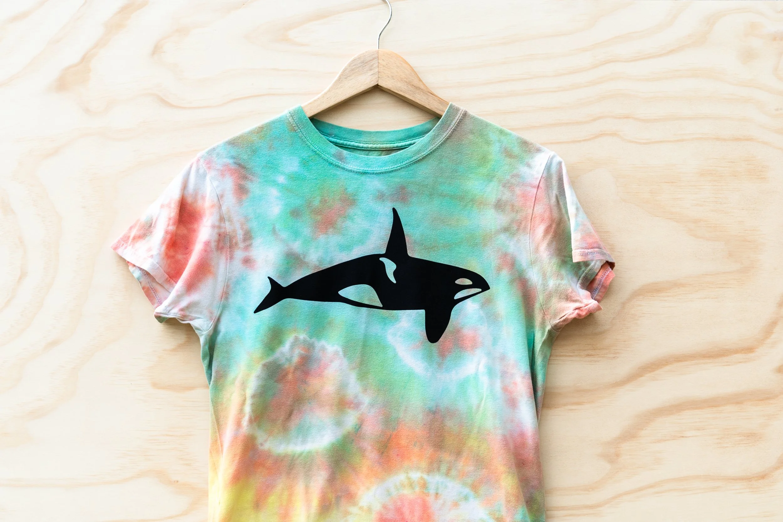 Killer Whale Print on a Thrifted 100% Cotton Tie Dye Tee | Adult Small