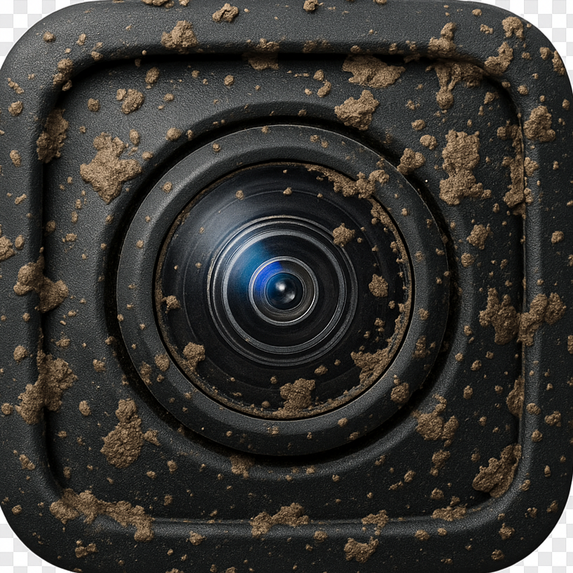 Close-up of a camera lens with dirt and mud on its surface.