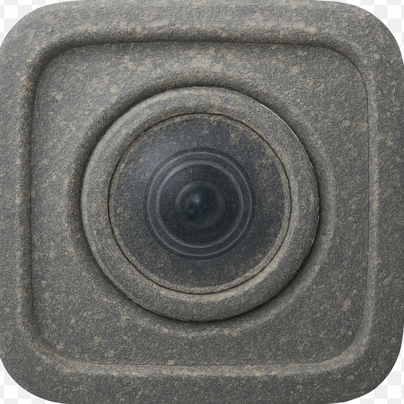Close-up of a black security camera mounted on a wall with a square, textured gray frame.