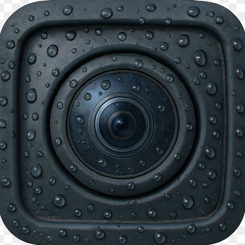 Close-up of a surveillance or security camera surrounded by water droplets.