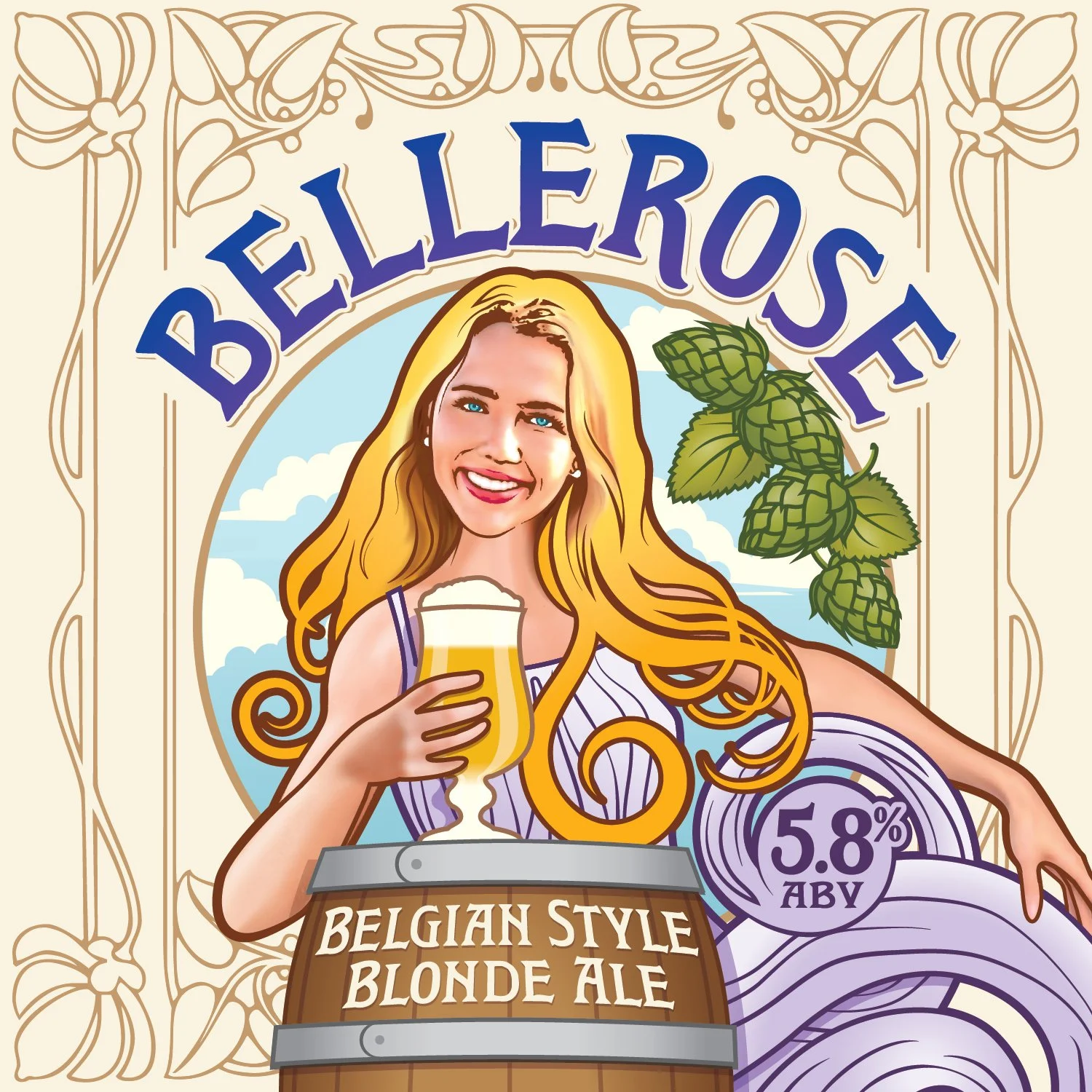 Bellerose is a refined Belgian Blonde Ale that balances old-world elegance with easy-drinking charm. Pale gold and softly hazy, it opens with gentle aromas of pear, clover honey, and fresh bread, lifted by subtle notes of banana, white pepper, and fl