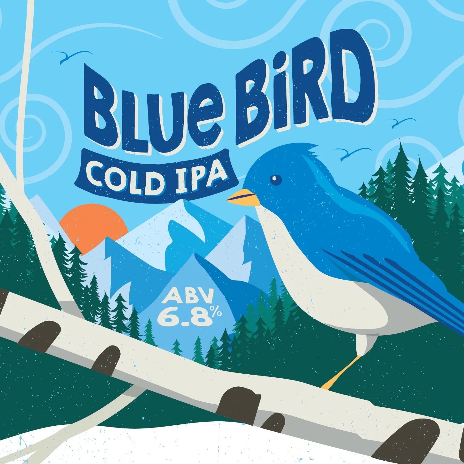 Fresh powder and crystal clear skies are the inspiration for this Cold IPA.  Let the clarion call of the Bluebird lead you into a luscious journey of juicy pineapple, zesty lemon lime, ripe mango and passion fruit, with hints of honeyed pine resin ba