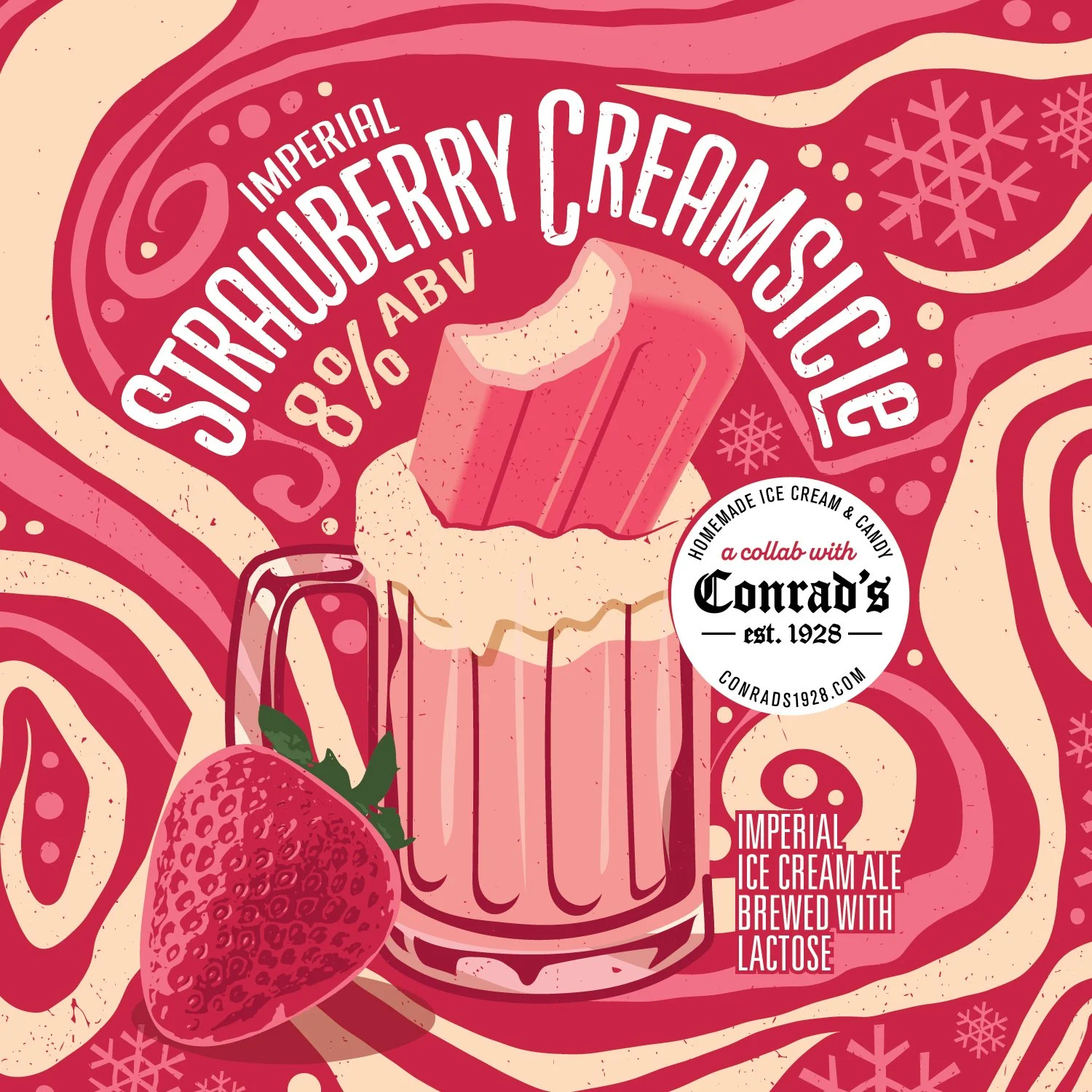 Brewed in collaboration with Conrad's Confectionery, our Imperial Strawberry Creamsicle Ice Cream Ale is made with a smooth and creamy vanilla marshmallow base, balanced with bright and refreshing strawberries.