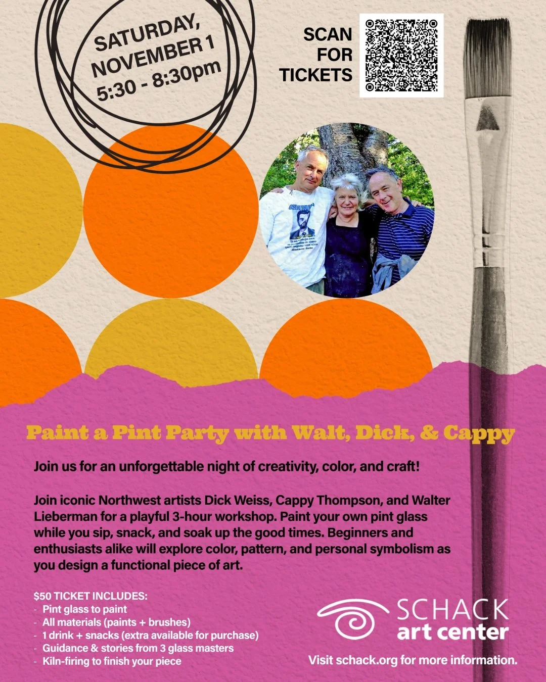 Join three of the Pacific Northwest&rsquo;s most iconic glass artists&mdash;Dick Weiss, Cappy Thompson, and Walter Lieberman&mdash;for a one-of-a-kind Paint &amp; Sip experience. In this playful and relaxed 3-hour workshop, you'll get hands-on guidan
