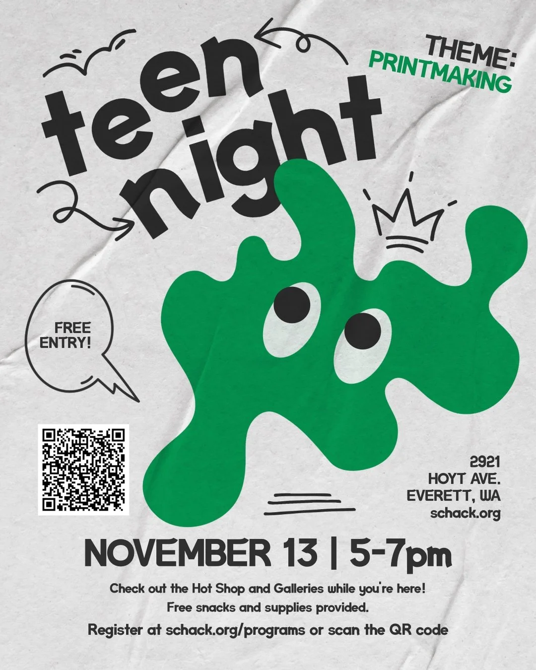 TEEN NIGHT IS ALMOST HERE!

This month's theme is Printmaking, with activities led by local artists that allow teens to explore printmaking methods and styles.

Free snacks and supplies provided.

Register at http://schack.org

#schack #schackartcent