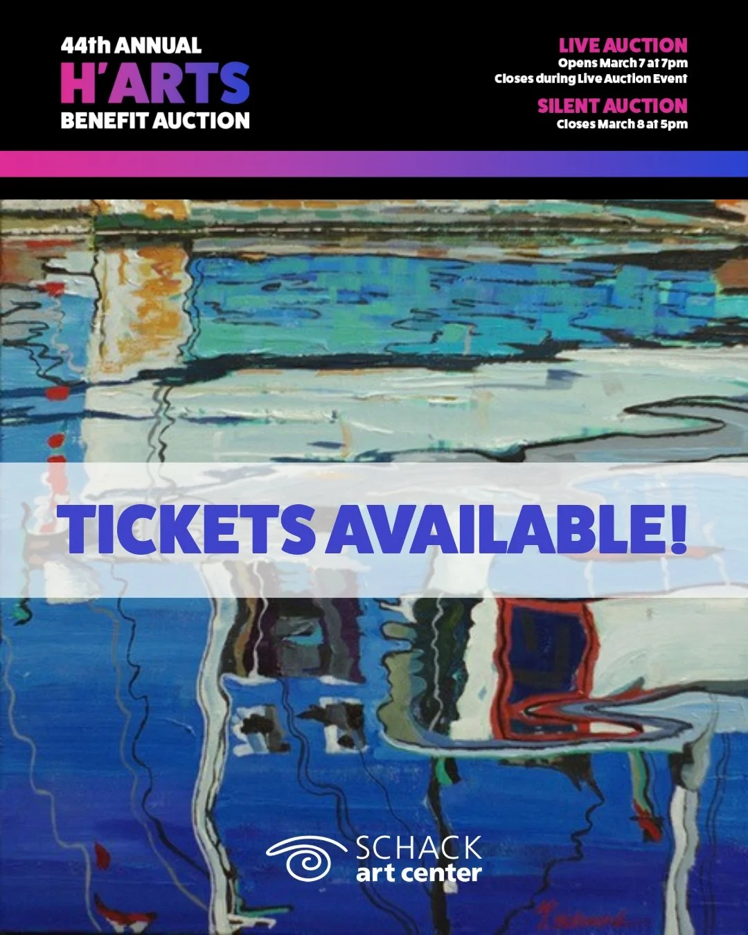 The Schack Art Center's biggest fundraiser of the year is quickly approaching! 

Grab your tickets and join us for the 44th Annual H'Arts Benefit Auction on March 7. The evening promises incredible art, prize drawings, a hosted bar, and delicious foo