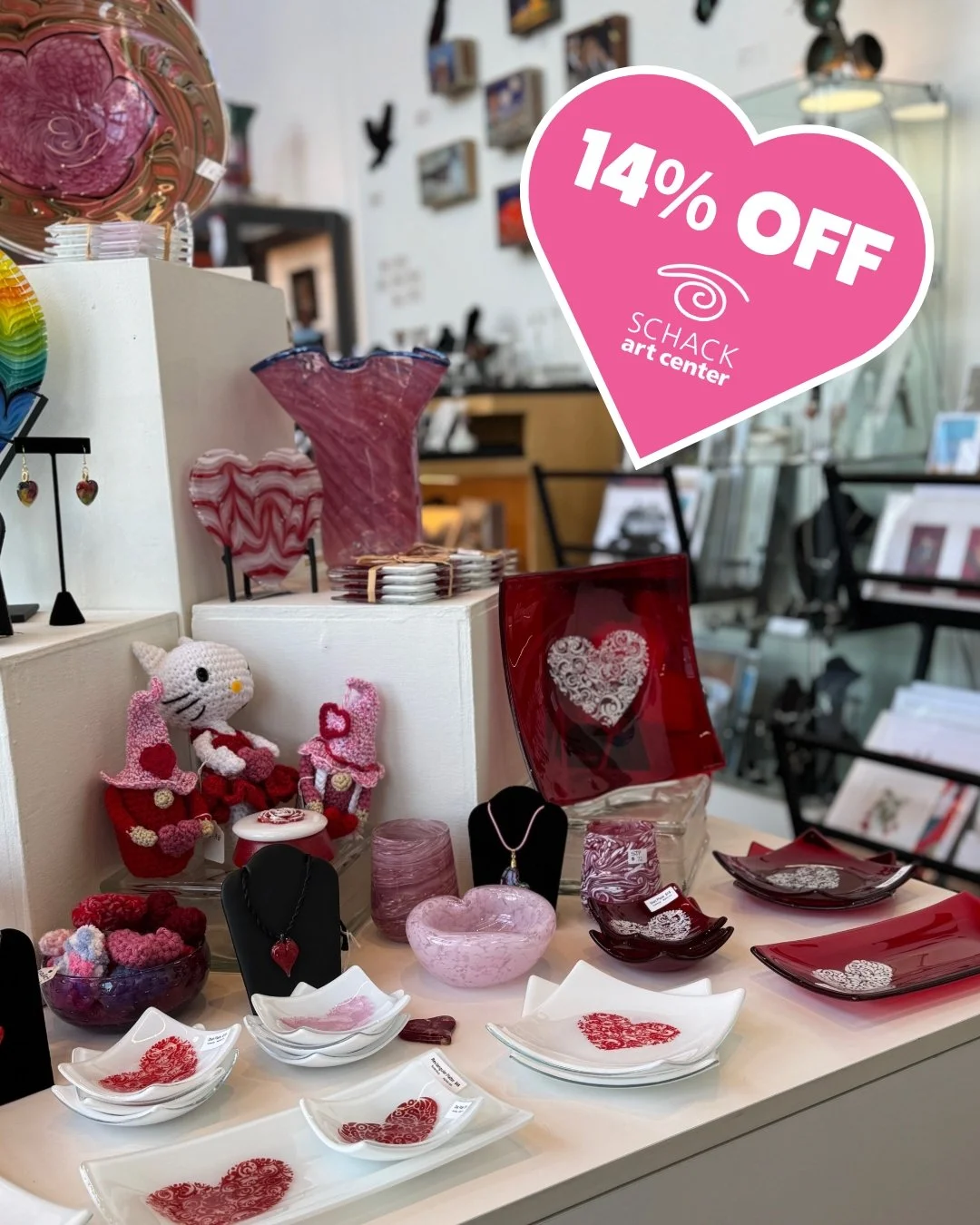 Love is in the air and we're offering a 14% Off Special at Schack Schack Art Center!

Gallery Store - We're offering 14% off the purchase of one item in our Gallery Store February 10 - 14!

Classes - Book online by using the code LOVE14 at checkout f