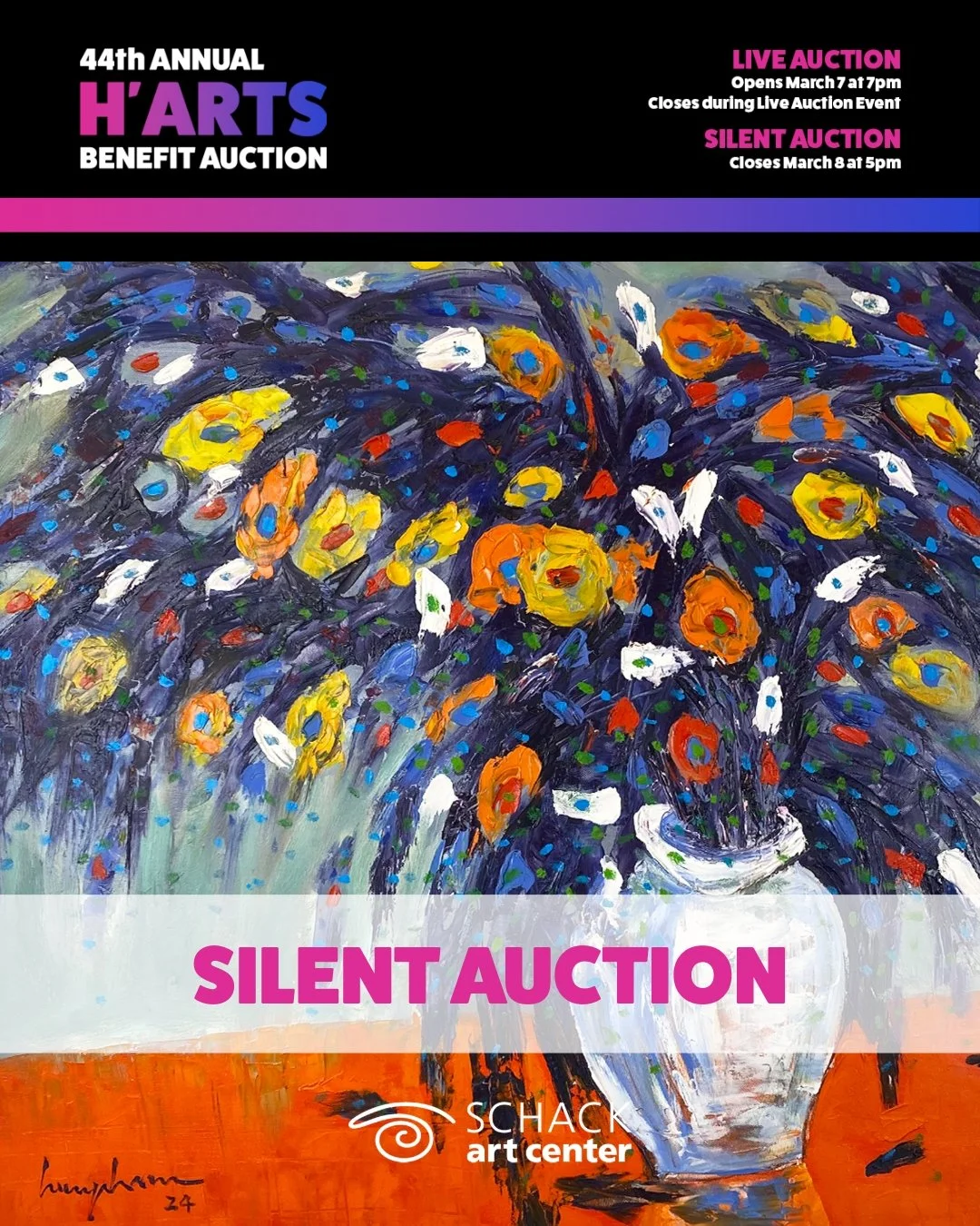 Our H'Arts Silent Auction opens this Saturday at 10am!

The H&rsquo;Arts Silent Auction will open on February 21 at 10am and close on March 8 at 5pm. Bidding on Silent Auction items is done online from anywhere in the world. All items are on display 