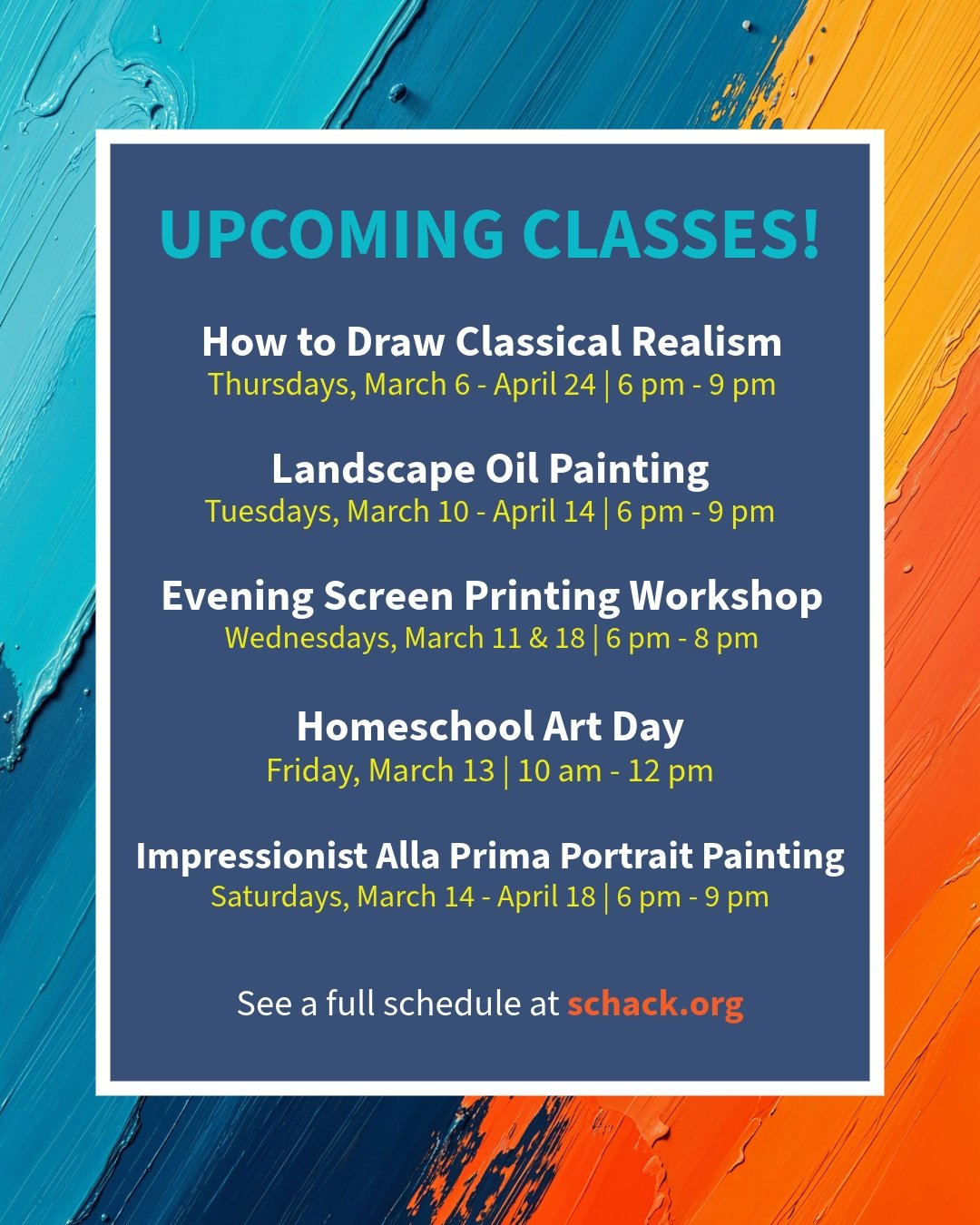 New classes and workshops just dropped!

Check out schack.org/all for the full lineup of upcoming classes.

#schack #schackartcenter #downtowneverett #dteverett #artswa #artclass #everett #everettwa