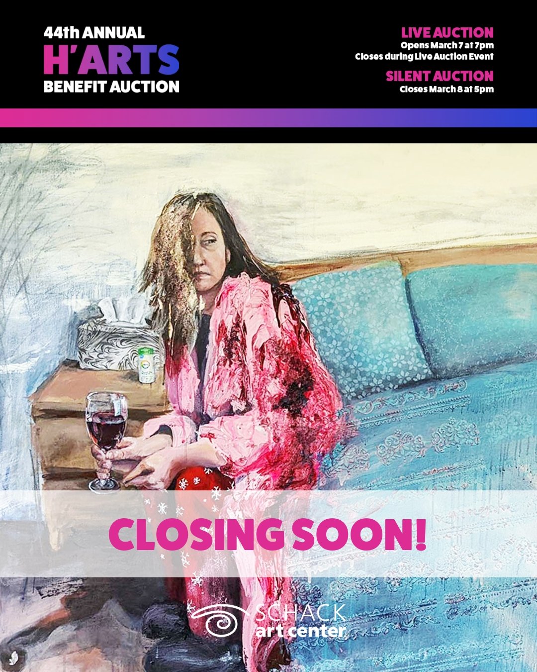 Our Silent Auction closes today (Sunday) at 5pm! Get your bids in before it's too late. 

Want to make sure to walk home a winner? Set an autobid when placing your bids so you don't lose your work of art!

Thank you so much for supporting the Schack 