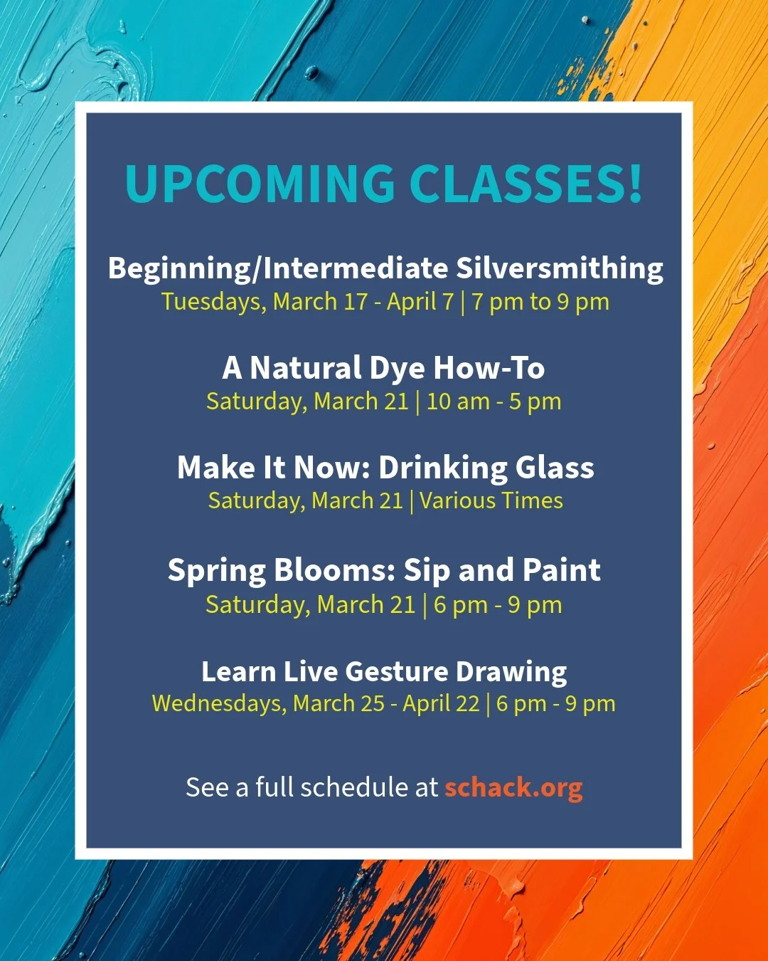 New classes coming in hot! Visit http://schack.org to see the full line-up of classes and workshops at Schack Art Center.

#schack #schackartcenter