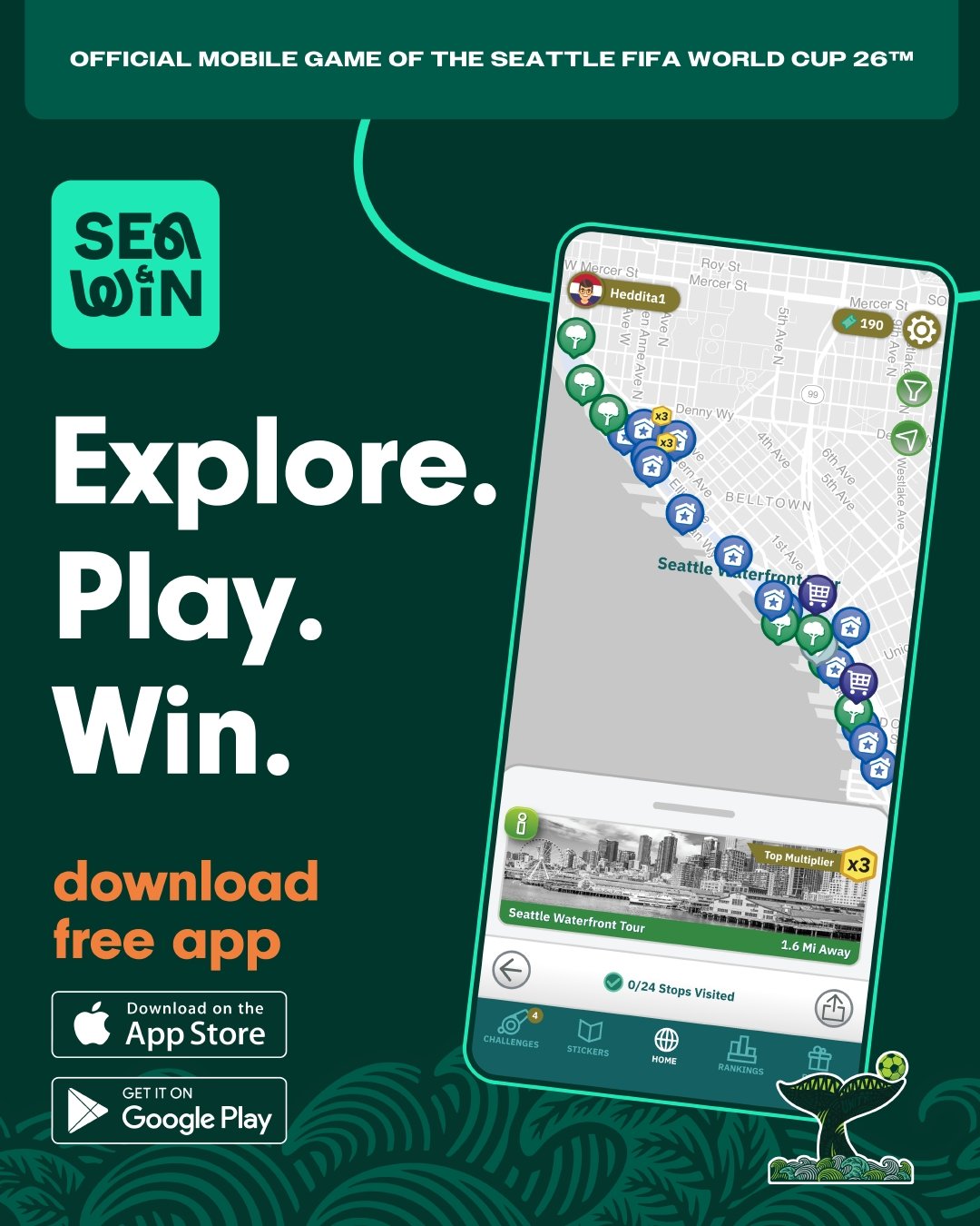 SEA&amp;WIN is a free, app-based mobile game created by SeattleFWC26 to broaden the benefit of the world&rsquo;s largest sporting event. Players explore neighborhoods, complete quizzes, visit local stops, and earn points that unlock prizes &mdash; al