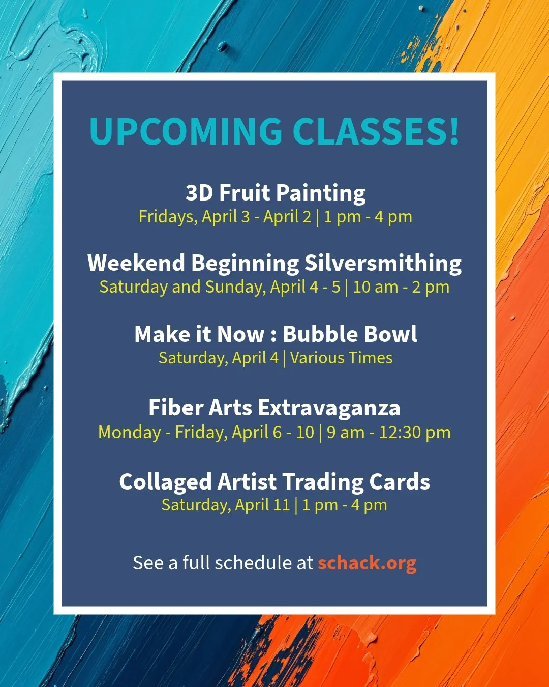 Spring into creativity at Schack Art Center!

Check out the full schedule and register today at schack.org. Let&rsquo;s make this a season of creativity and inspiration!

#schack #schackartcenter
