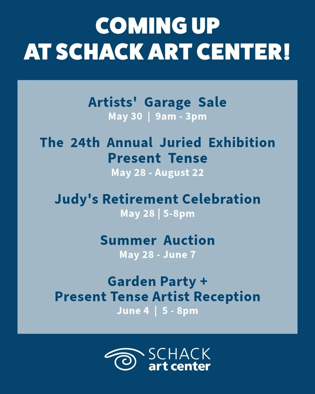 May is packed with creativity and celebration at Schack Art Center! Grab a friend, mark your calendars, and join us.

Learn more at http://schack.org

#schack #schackartcenter