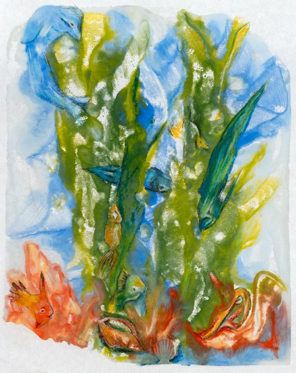 Waterworlds: Encaustic Monoprint + Mixed Media