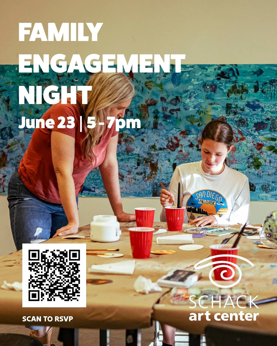 FAMILY ENGAGEMENT NIGHT
JUNE 23 | 5-7PM
ALL AGES

Join us at Schack Art Center for an evening of art activities, story times, raffle prizes, and community connection. This all-ages event is a chance to gather, create, and experience the arts in an in
