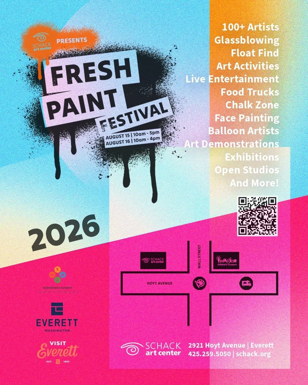 We are just one month away from FRESH PAINT!

August 15, 2025 | 10am - 5pm
August 16, 2025 | 10am - 4pm

Experience creativity in action at Fresh Paint, Schack Art Center&rsquo;s biggest summer arts festival in Downtown Everett. This vibrant event fe