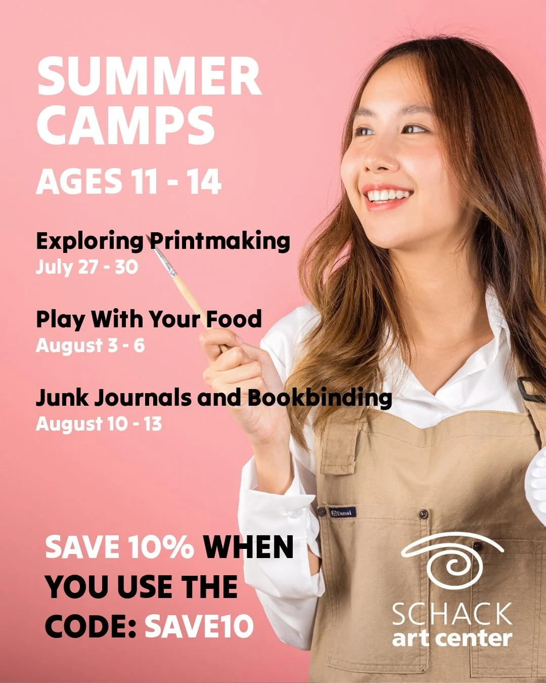 Summer's not over yet! There's still time to create!

Our camps for ages 11&ndash;14 are packed with hands-on projects and taught by professional artists in real working studios.

Less screen time. More making.

Limited Summer Camps remain. Register 