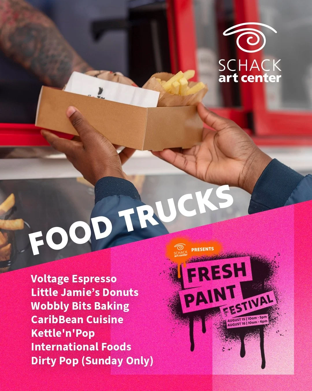What would a giant Summer Festival be without Food Trucks?

Fresh Paint is offering a great line up of treats for the whole family. Special thanks to @voltageespresso2, @littlejamiesminidonuts, @wobblybitsbaking, CaribBean Cuisine, @kettle.n.pop, Int