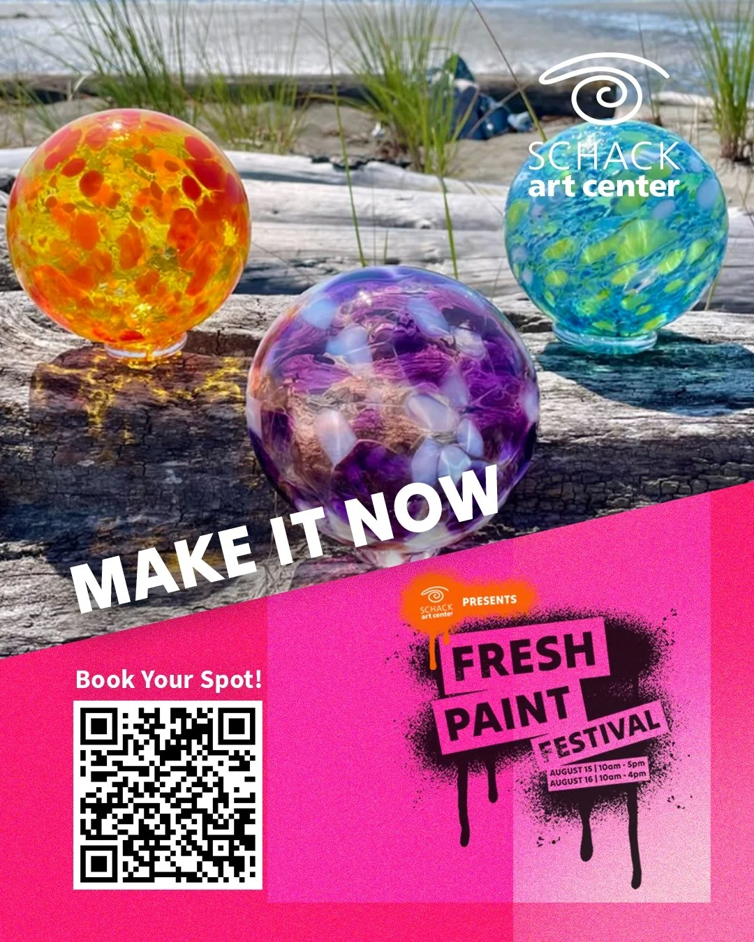Did you know you can make your very own blown glass work of art at Schack Art Center's Fresh Paint Festival?

Our Make it Now Sessions are an excellent introduction into glassblowing and are perfect for ages 8+. On Saturday we will be offering Make i