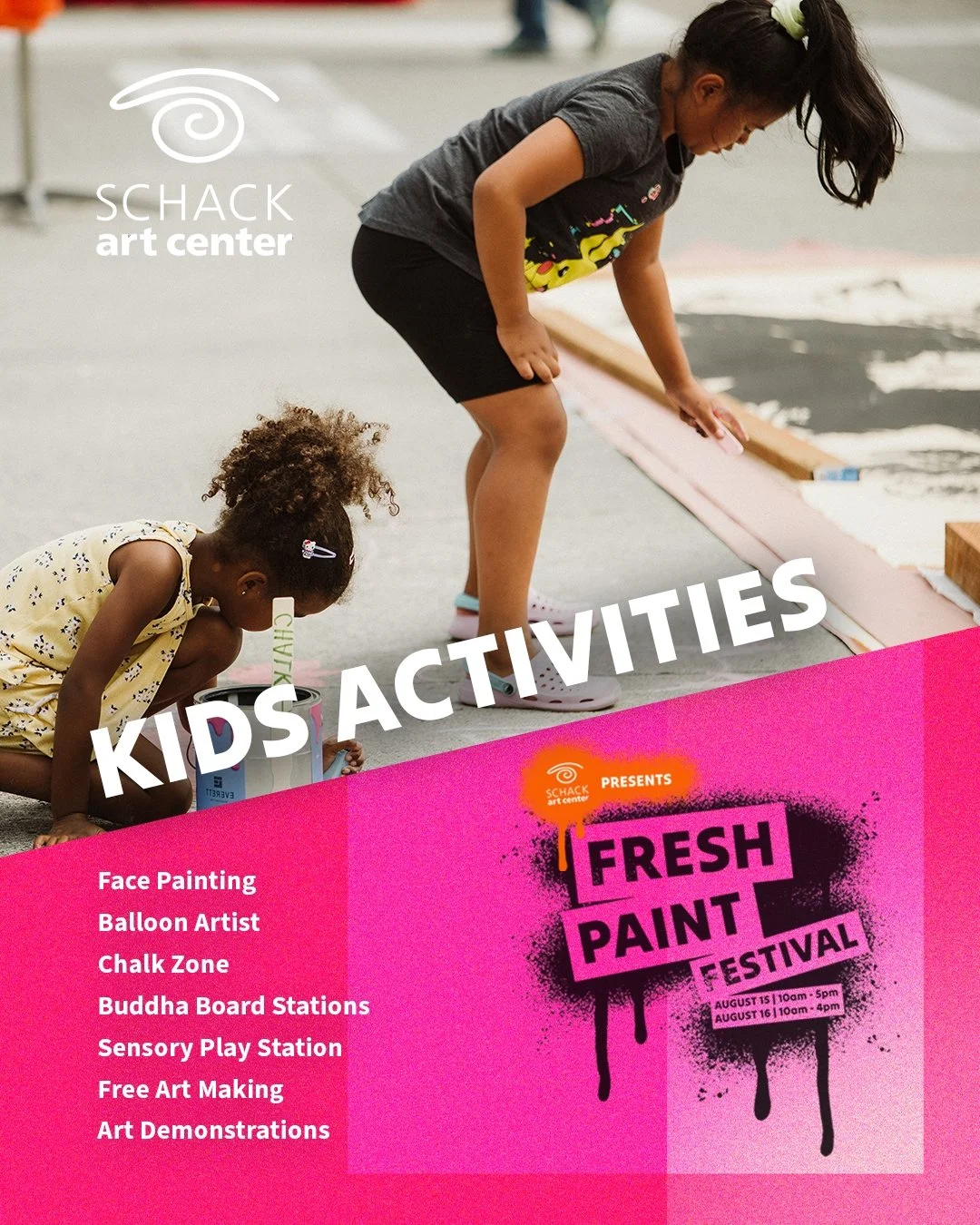 Planning to bring the whole family to the Fresh Paint Festival? We've got plenty of activities to keep the kiddos busy and creating!

With a dedicated Chalk Zone, Face Painting, Balloon Artist and Free Art Making throughout the festival, it's going t