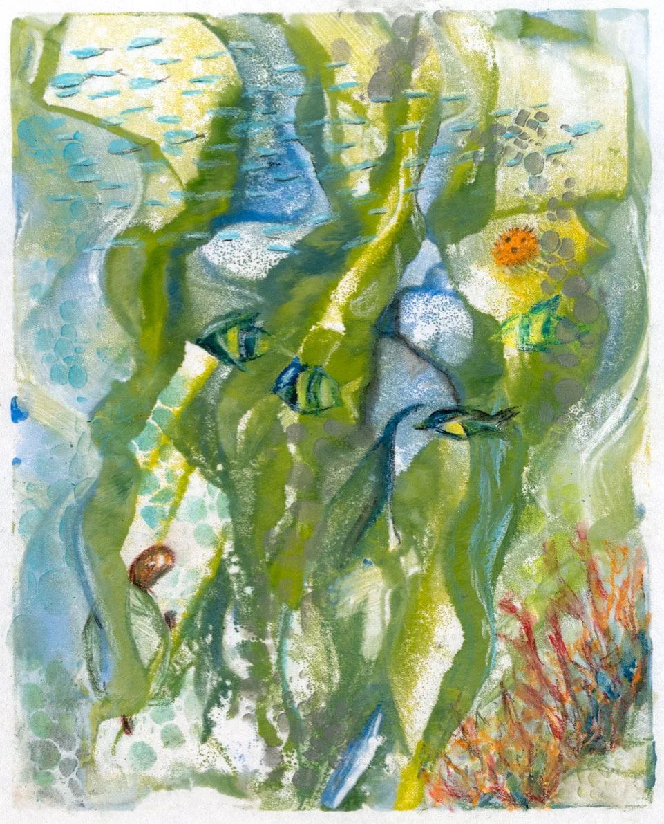Waterworlds: Encaustic Monoprint + Mixed Media