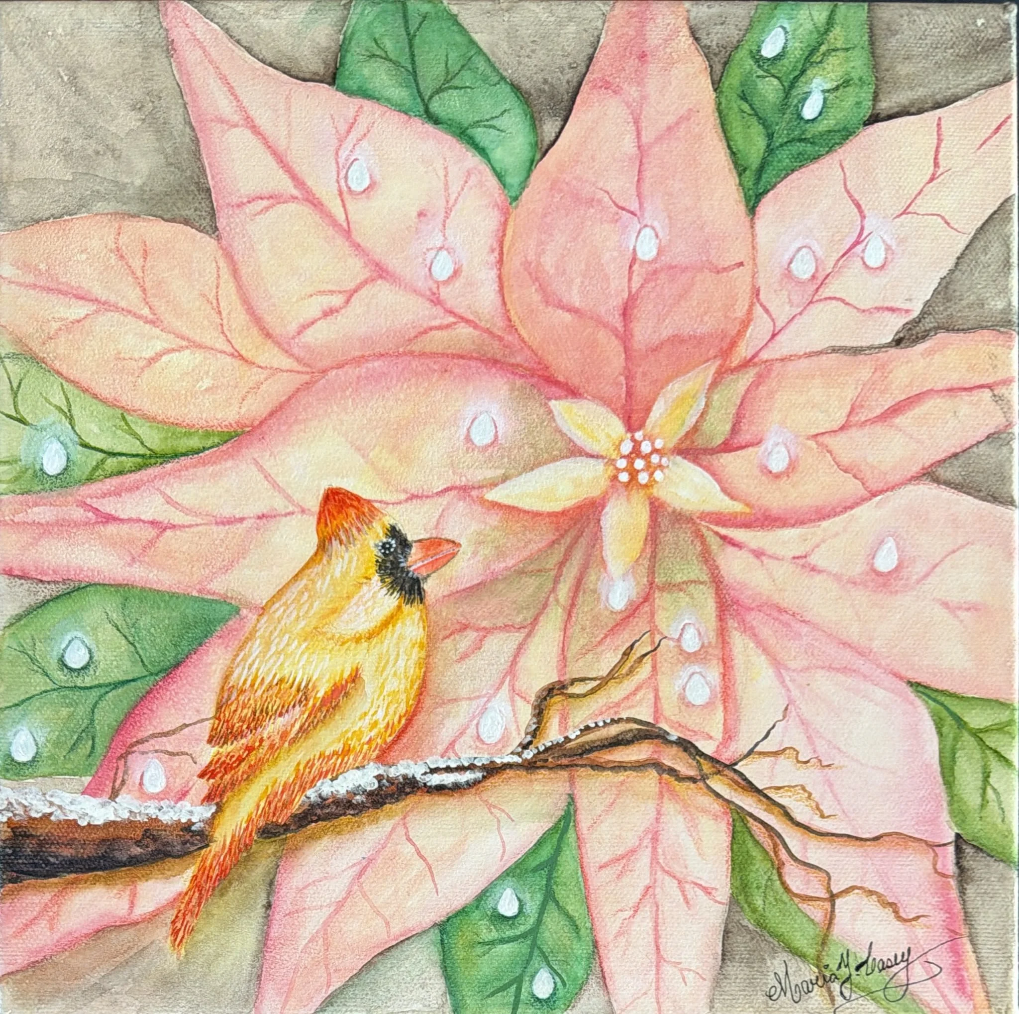 Winter Bird & Poinsettia: Watercolor and Acrylic