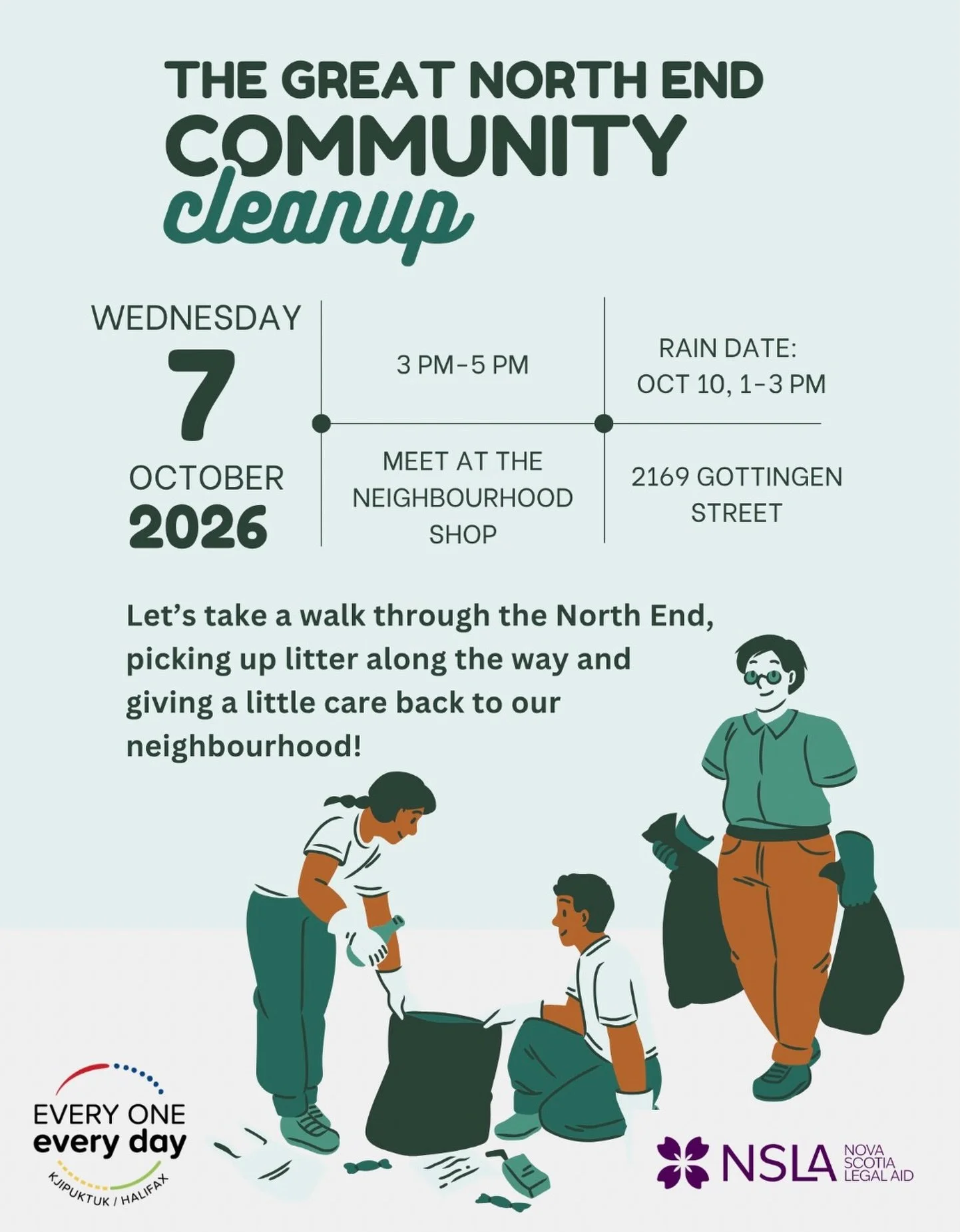 Community Clean-Up | 3:30 p.m. &ndash; 5 p.m. 
Rain date | Saturday, October 10 1 p.m. - 3 p.m. 
Help care for the places we share! Meet at the Neighbourhood Shop before heading out to pick up litter and give our neighbourhood some attention. It&rsqu
