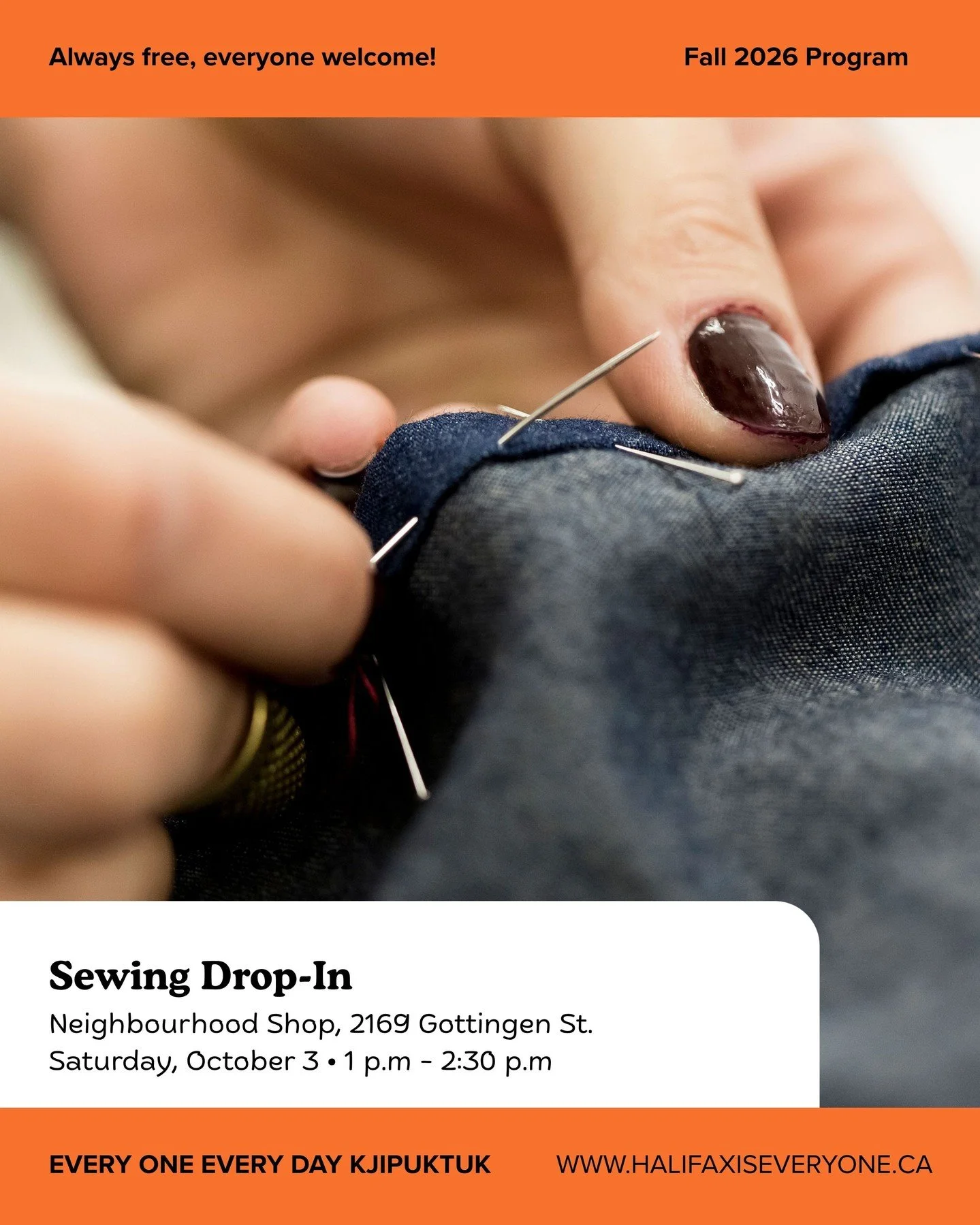 Settle in for a Saturday afternoon of sewing, making, and sharing ideas with neighbours.

Sewing Drop-In | 1 p.m. &ndash; 2:30 p.m.
The Neighbourhood Shop is open to anyone looking to start or continue a sewing project. Browse our huge selection of f