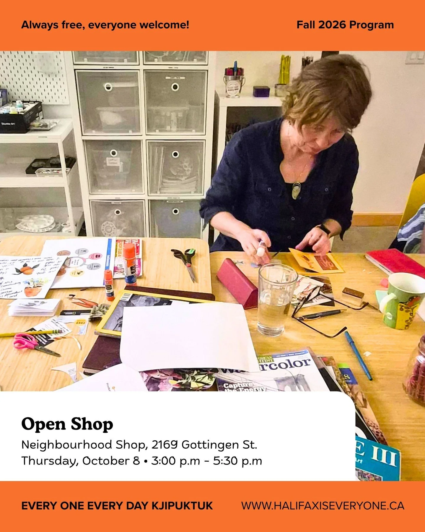 Make some room in your Thursday for creativity and good company, with an afternoon at Open Shop and an evening of watercolour.

Open Shop | 3 p.m. &ndash; 5:30 p.m.
Pull up a chair and spend some time making alongside neighbours. Bring an unfinished 