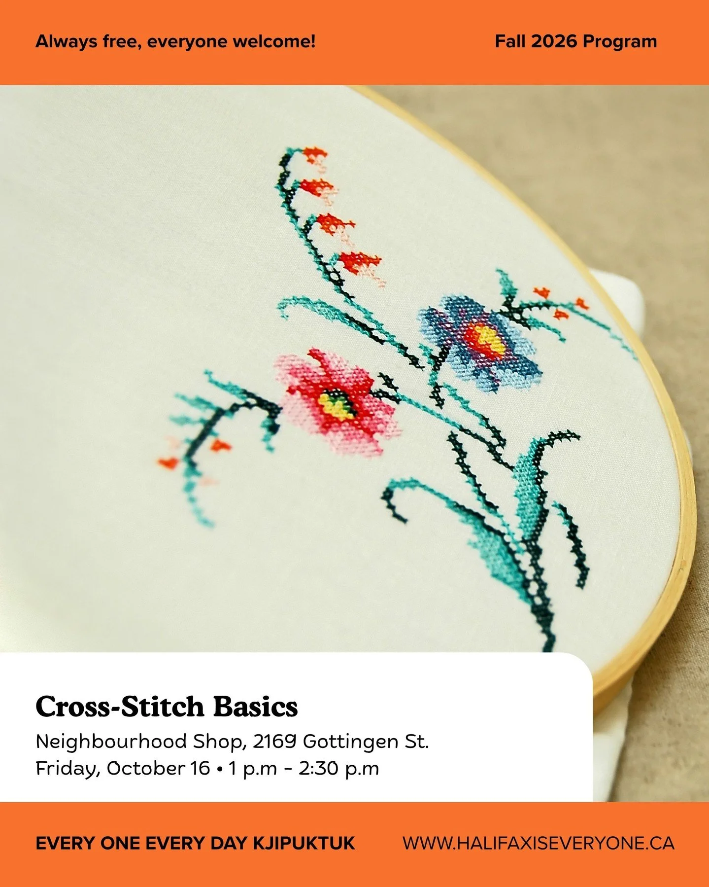 Make a little room for creativity this Friday! Pull up a chair, meet your neighbours, and see what takes shape when we spend an afternoon making together.

Cross-Stitch Basics | 1 p.m. &ndash; 2:30 p.m.
Whether you&rsquo;re looking for a cozy activit
