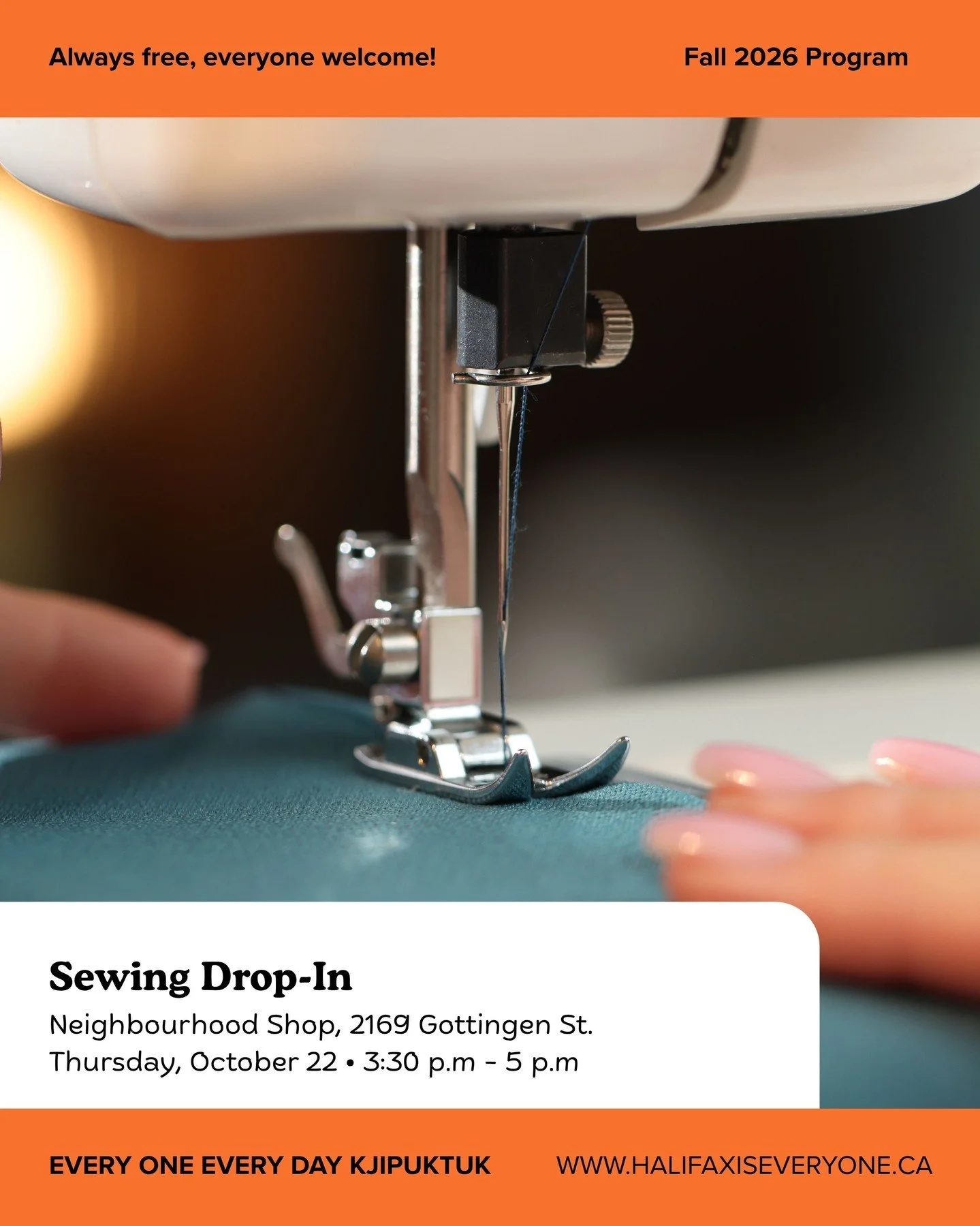 Sewing Drop-In | 3:30 p.m. &ndash; 5 p.m.

The Neighbourhood Shop is open to anyone looking to start or continue working on a sewing project! Explore our huge selection of fabrics and materials, learn new skills, and share ideas with others. Whether 