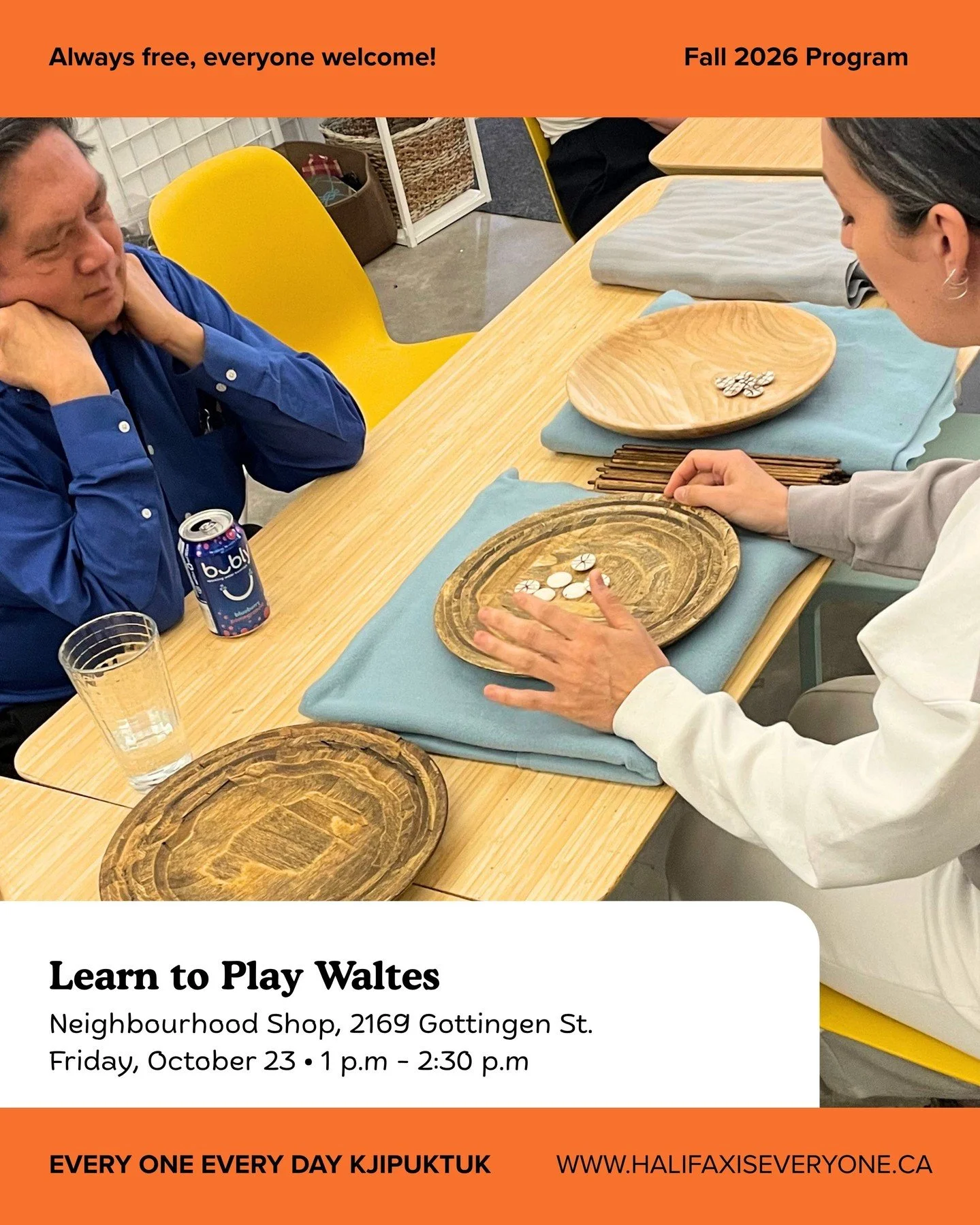 Learn to Play Waltes | 1 p.m. &ndash; 2:30 p.m.

Discover the traditional Mi'kmaw game of Waltes with Linda Denny from Eskasoni First Nation! Gather around the Waltes board for an afternoon of teachings, culture, and play. Whether it's your first tim
