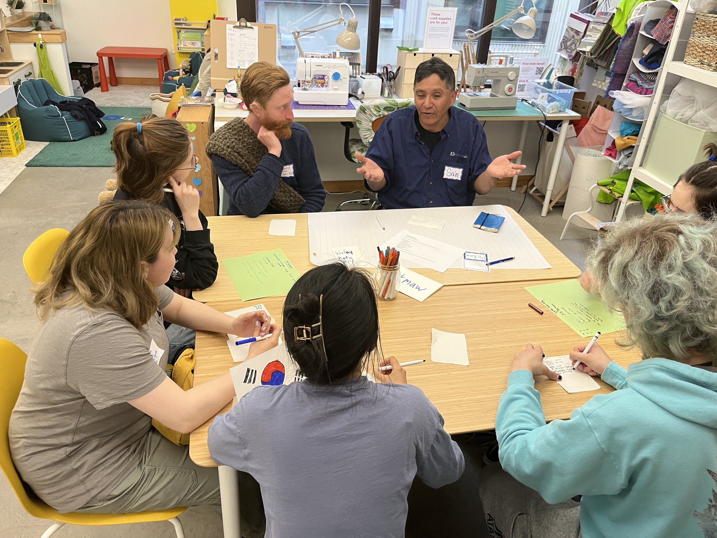 A resident teaches Mi'kmaw language at a Language Connect session, Spring 2023