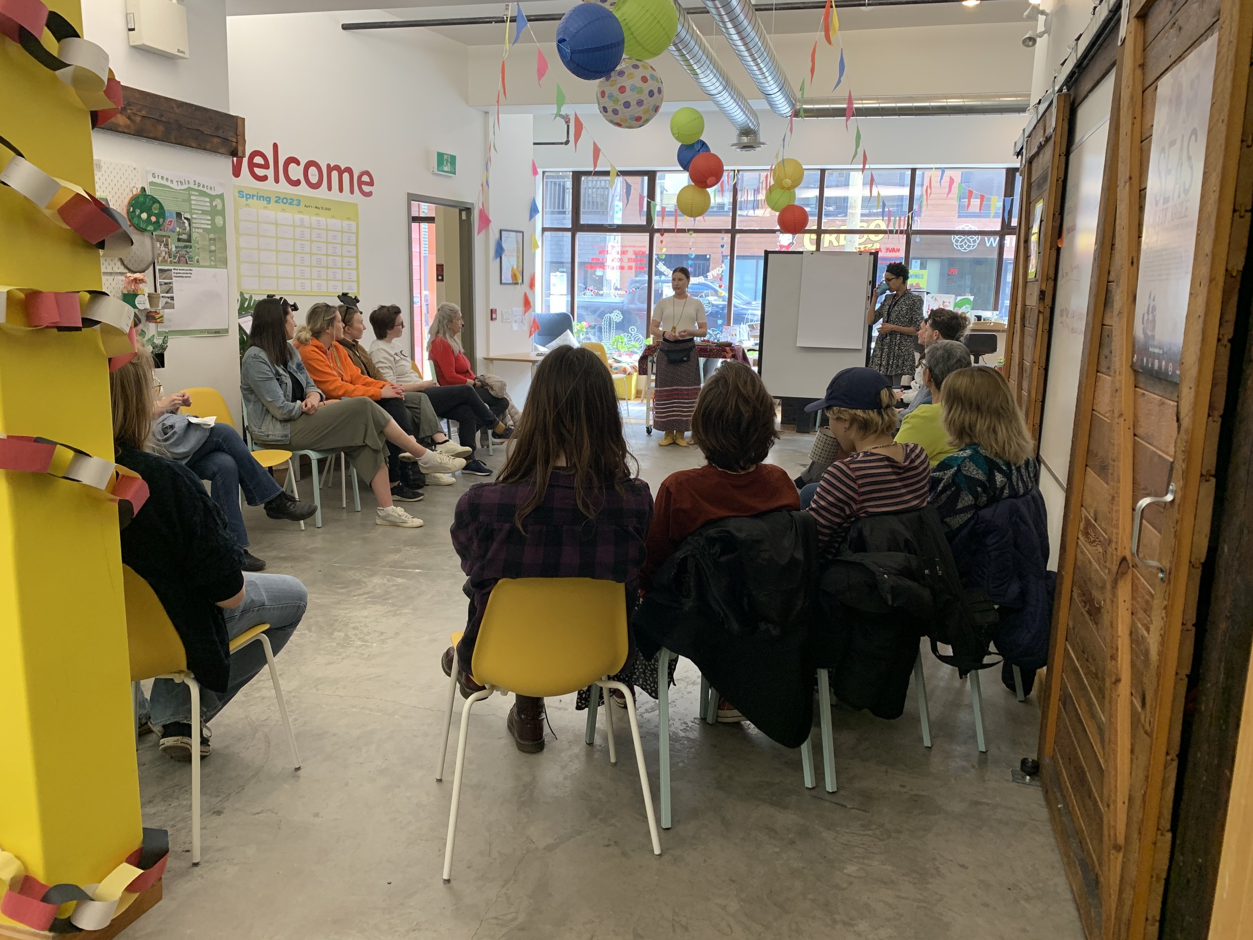 Richelle hosts a session on land acknowledgments in the Neighbourhood Shop, Spring 2023