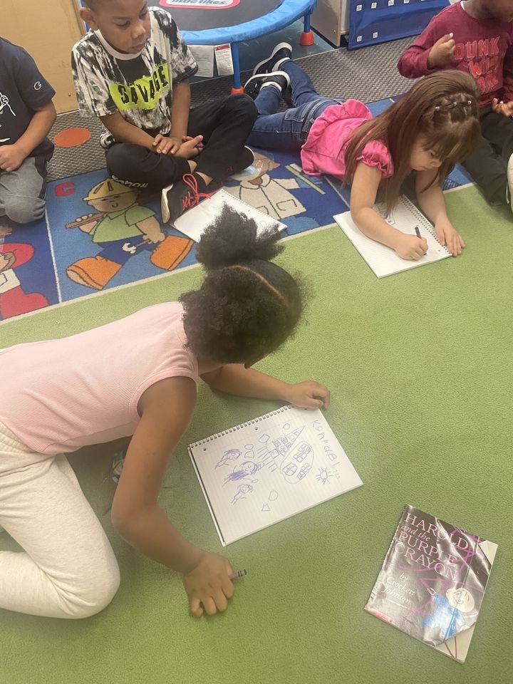  Mrs. Buentello, Wilson Pre-K Teacher said, "After reading Harold and the Purple Crayon, the children used a purple crayon to draw a picture in their journals. The children then shared their drawing with the class." 