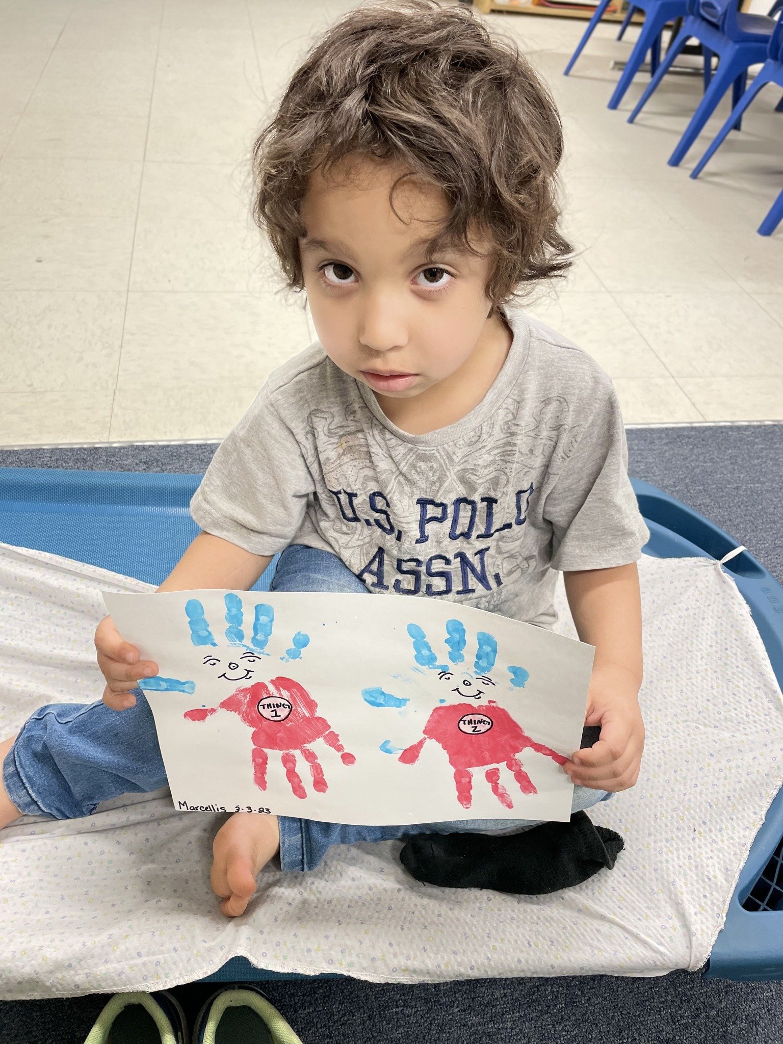  Ms. Centeno reported, "Lincoln 3 year old class Celebrated Dr. Seuss week by hand painting Thing 1 and Thing 2. " 