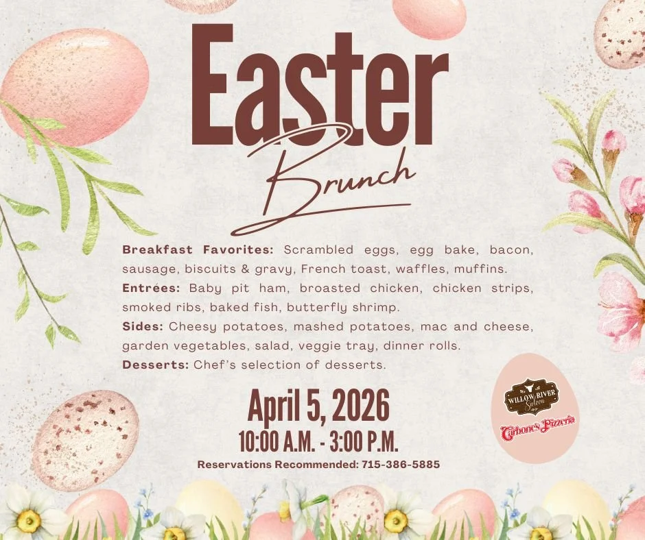🐣 Easter Brunch at Willow River Saloon • Carbone's Pizzeria 🐣