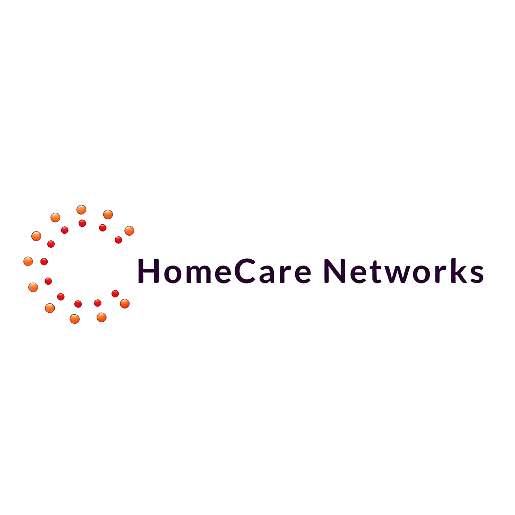Logo for HomeCare Networks with multicolored dots forming an arrow pointing right and the company name in purple.
