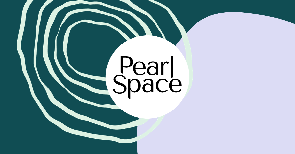 Abstract graphic with swirling lines and shapes in shades of dark green, light purple, and white, with the text 'Pearl Space' in the center.