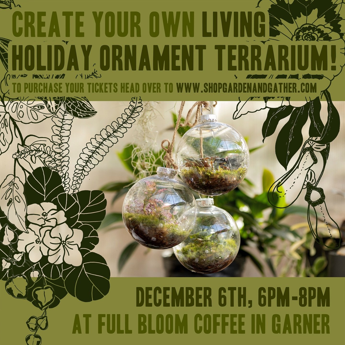 🌿 Did you miss out on the first ornament terrarium class? Well DON&rsquo;T PANIC cause I&rsquo;ve got another one coming up fast! Join me and my moss over at @fullbloomcoffeeroasters in Garner and plant up some perfect holiday presents for all your 