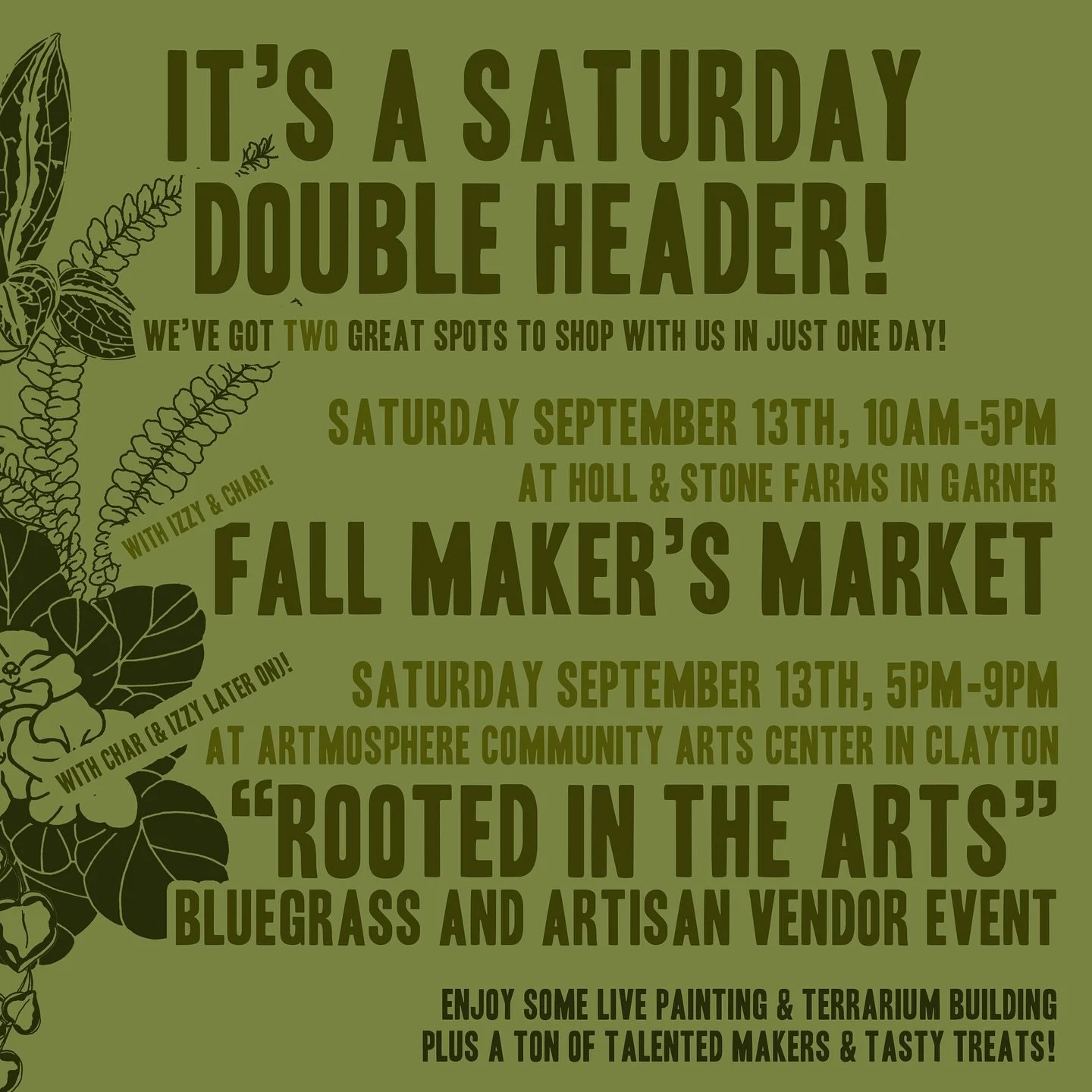 Double the opportunity to see us make art (Char) and a mess (me) this Saturday! Also apparently double the chances to eat ice cream, too 🍦🦙 
.
#hollandstone #garnernc #raleighnc #thingstodoinraleigh #art #vintage