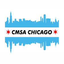 Silhouette of Chicago skyline with the text 'CMSA Chicago' and red stars on a white background