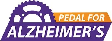 Pedal for Alzheimer's logo featuring a purple gear and orange banner.