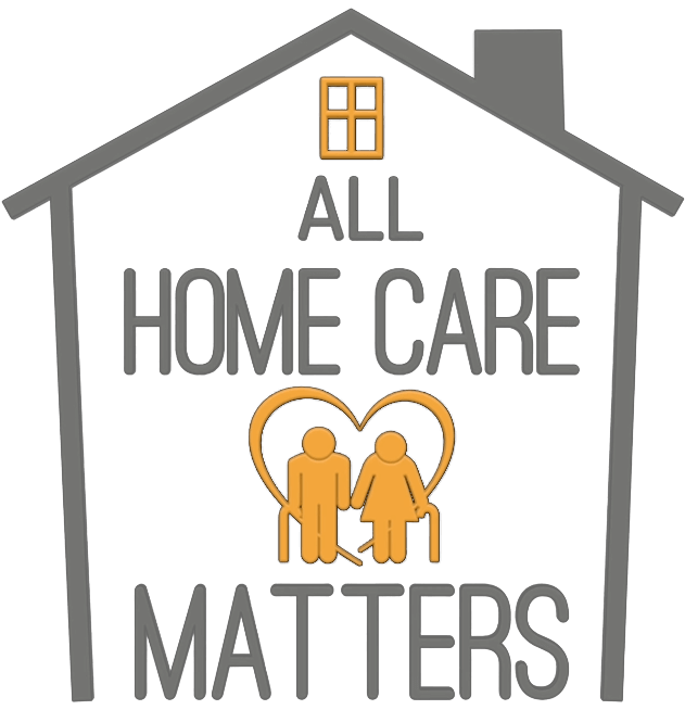 Graphic logo with a house outline, window, and chimney, featuring the text 'All Home Care Matters' and an icon of two elderly people with a heart outline around them.