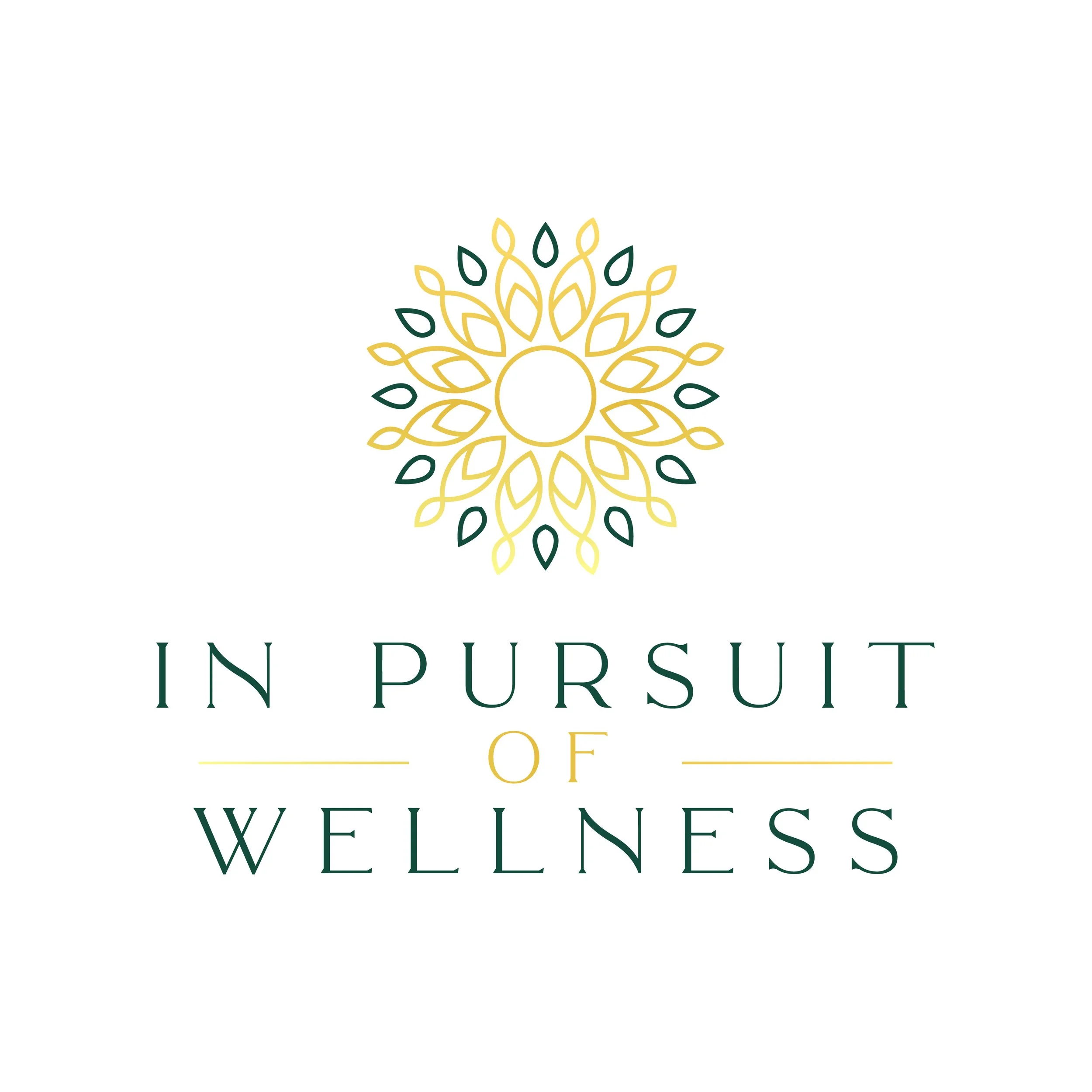 Logo for In Pursuit of Wellness featuring a circular, floral-like gold and green design above the text 'In Pursuit of Wellness' in green and gold font.