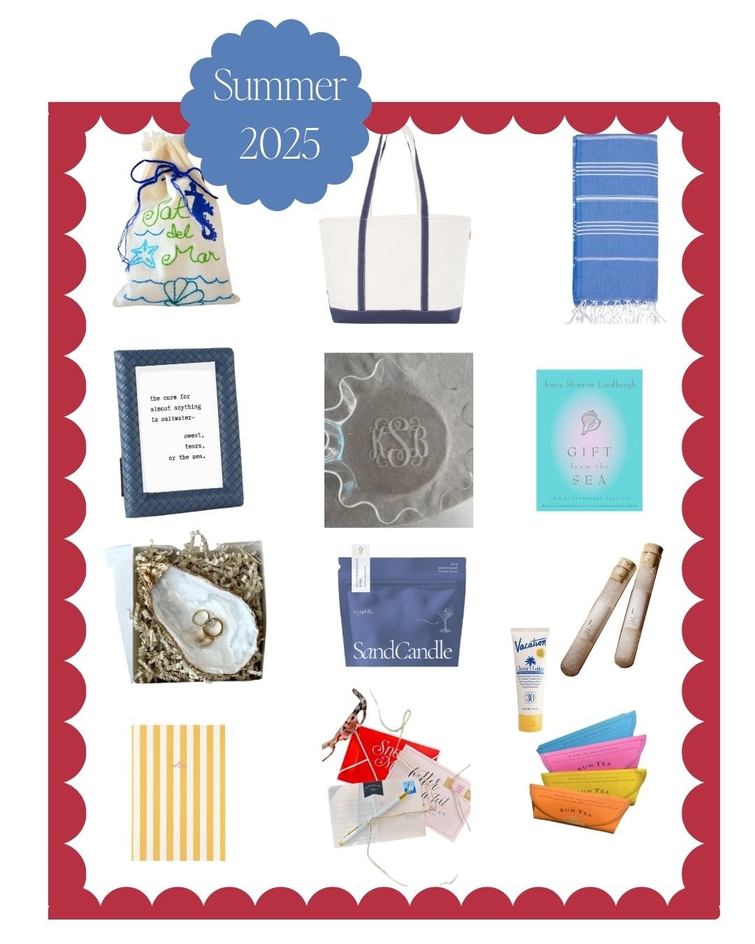 Board that shows the thirteen items that were a part of the 2025 Summer Permission to Pause Collection gift box.