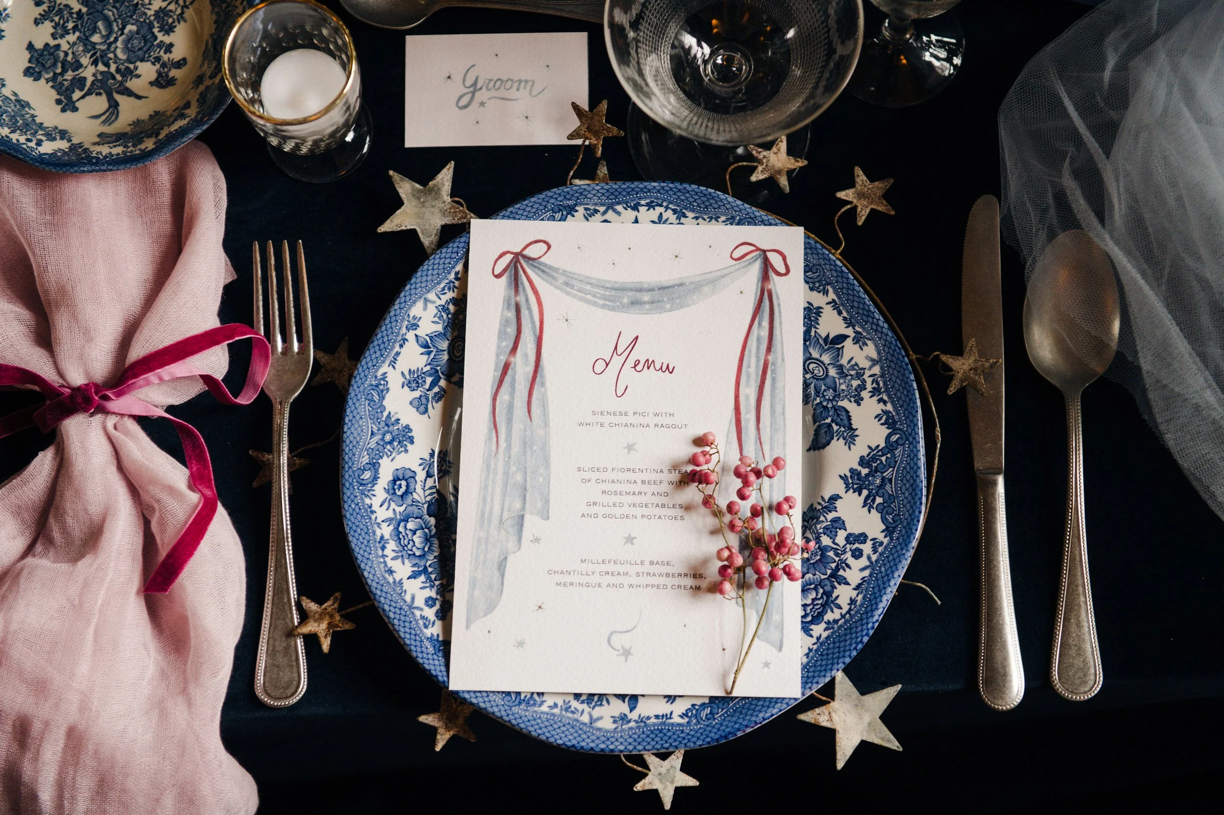 Hand-painted luxury wedding day stationery menus and place cards