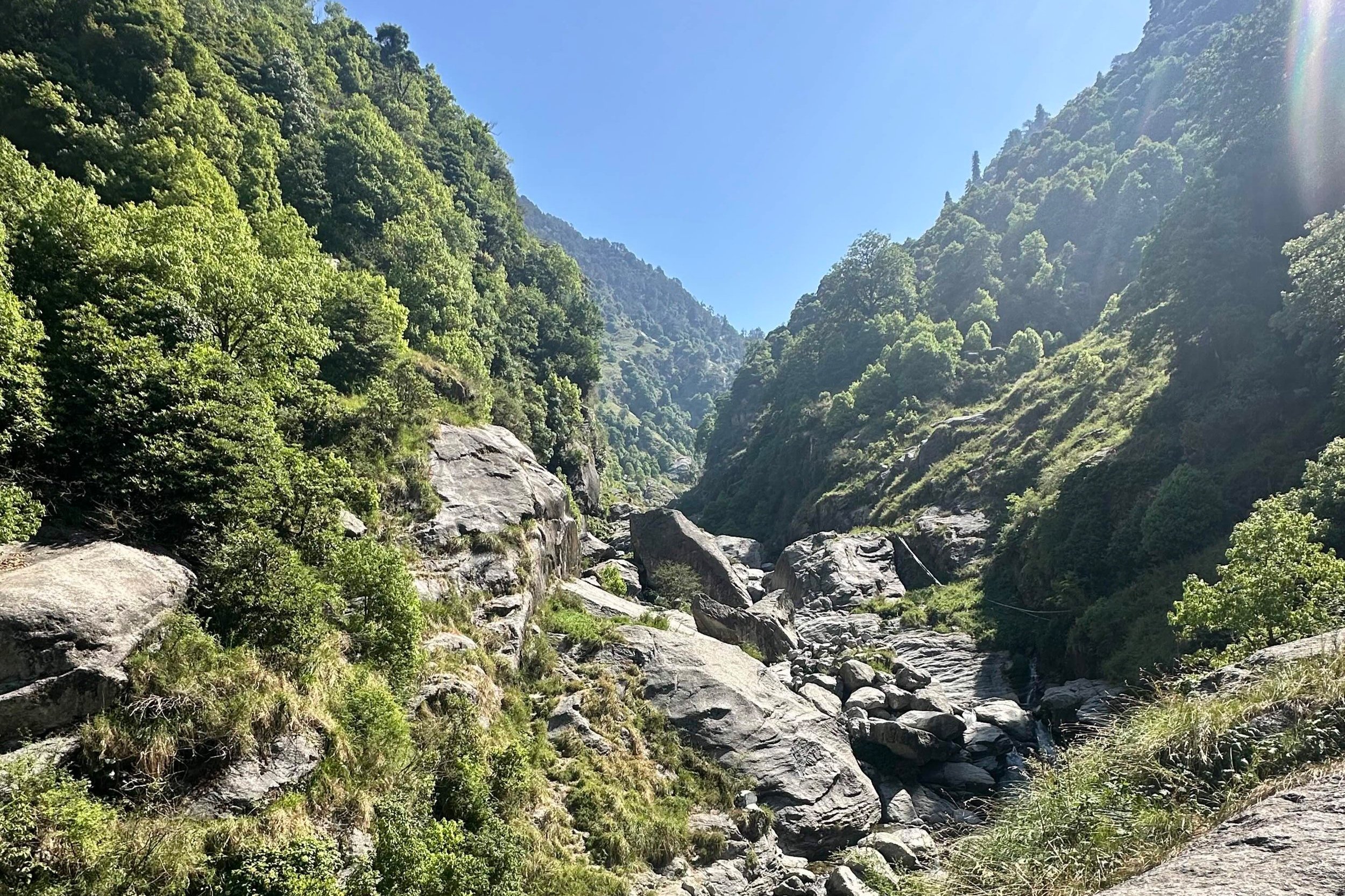 Mountain valley with lush green trees, rocks, and clear blue sky.