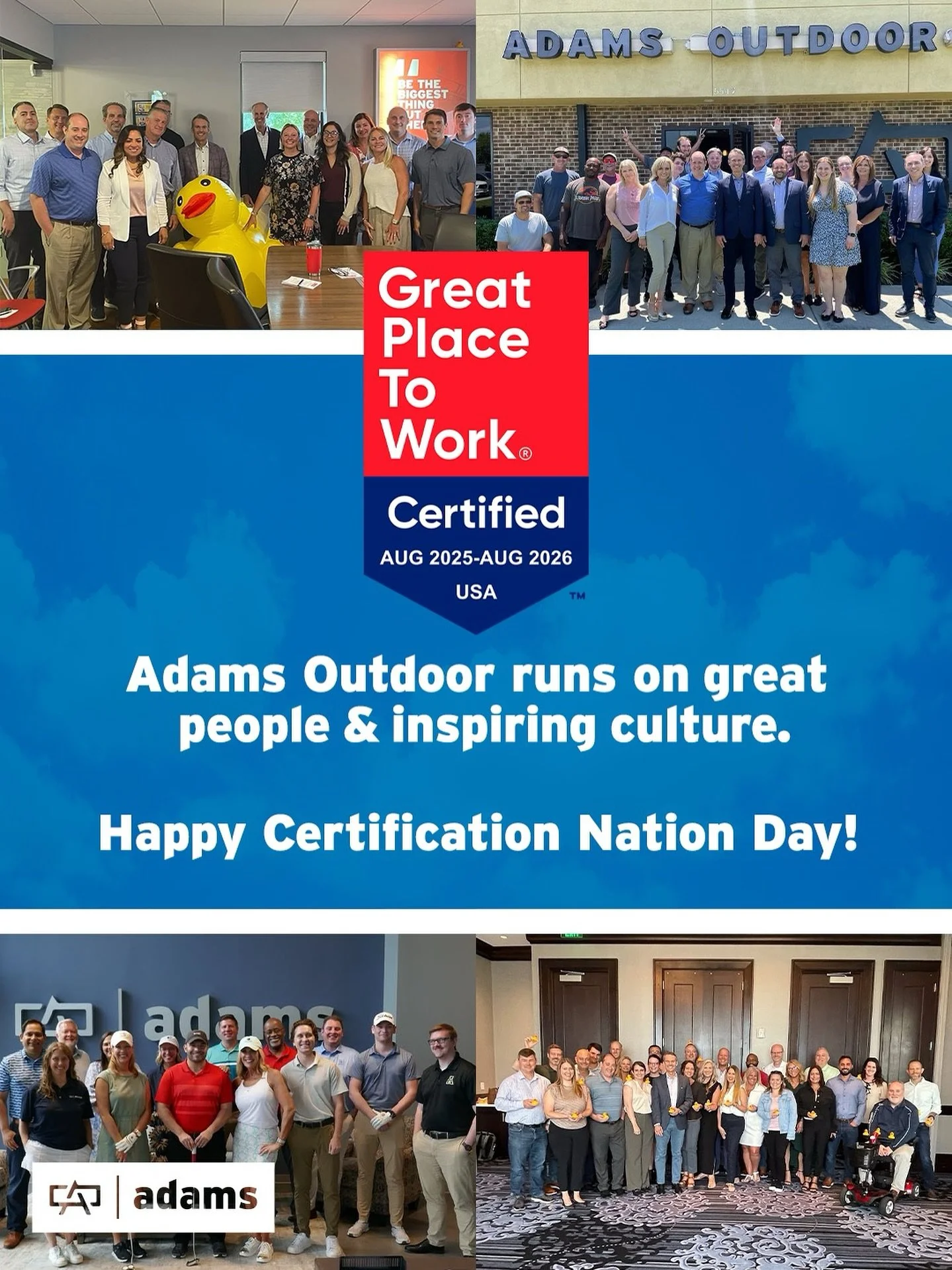 Happy Certification Nation Day 🌟 
Today we’re proud to celebrate Certification Nation Day — a global recognition of companies that have earned the honor of being a Great Place To Work® Certified™ organization! 🎉
At Adams Out